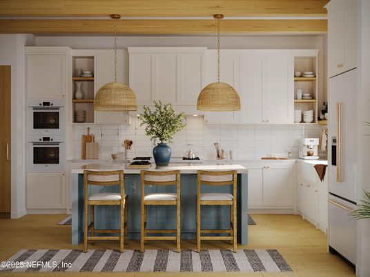 Interior, Kitchen, Pendant Lights, Wood Texture Flooring