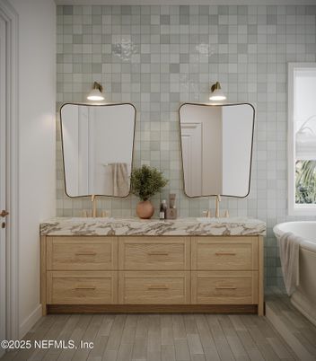 Bathroom, Dual Sink Vanities, Glass Shower, Interior, Wood Texture Flooring