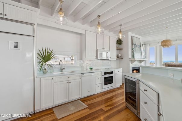 Fireplace, Interior, Kitchen, Pendant Lights, Water, Wood Texture Flooring