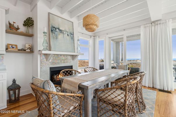 Dining room, Fireplace, Interior, Living room, Pendant Lights, Wood Texture Flooring