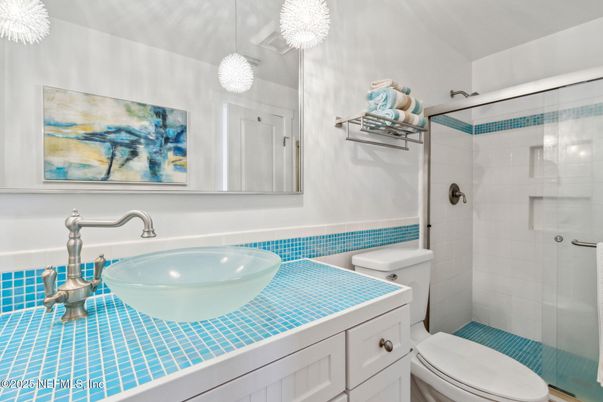 Bathroom, Glass Shower, Interior, Pendant Lights, Tile Countertops