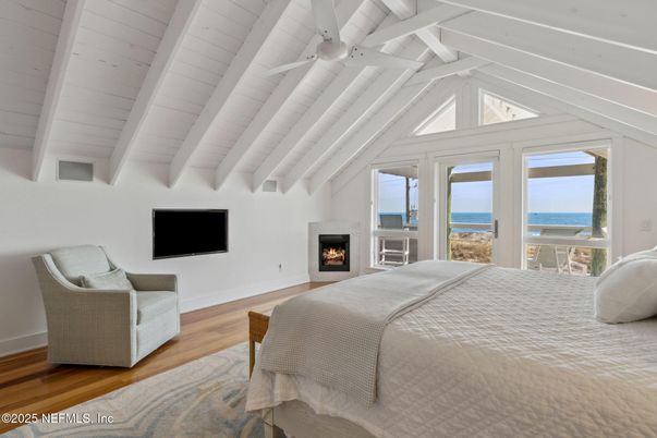 Bedroom, Fireplace, Interior, Water, Wood Texture Flooring