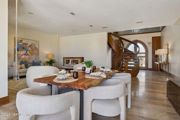 Dining room, Fireplace, Interior, Living room, Recessed Lighting, Wood Texture Flooring