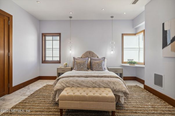 Bedroom, Interior, Marble, Pendant Lights, Recessed Lighting