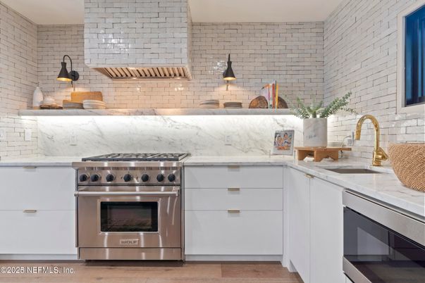 Interior, Kitchen, Marble Walls, Stainless Steel Appliances, Stone Walls, Wood Texture Flooring