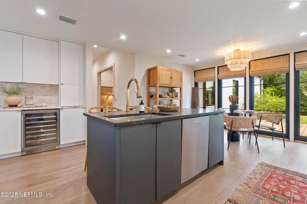 Chandelier, Dining room, Interior, Kitchen, Recessed Lighting, Stainless Steel Appliances, Wood Texture Flooring