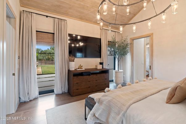 Bedroom, Interior, Pendant Lights, Wooden Ceilings, Wood Texture Flooring