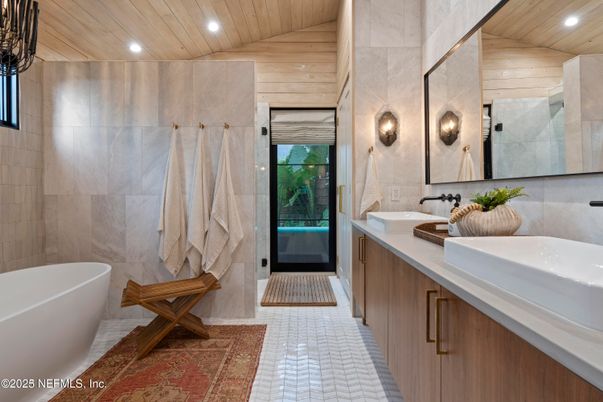 Bathroom, Dual Sink Vanities, Free Standing Baths, Interior, Recessed Lighting, Wooden Ceilings