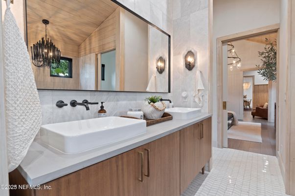 Bathroom, Chandelier, Dual Sink Vanities, Interior, Wooden Ceilings, Wood Texture Flooring