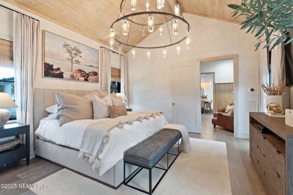 Bedroom, Chandelier, Interior, Pendant Lights, Wooden Ceilings, Wood Texture Flooring