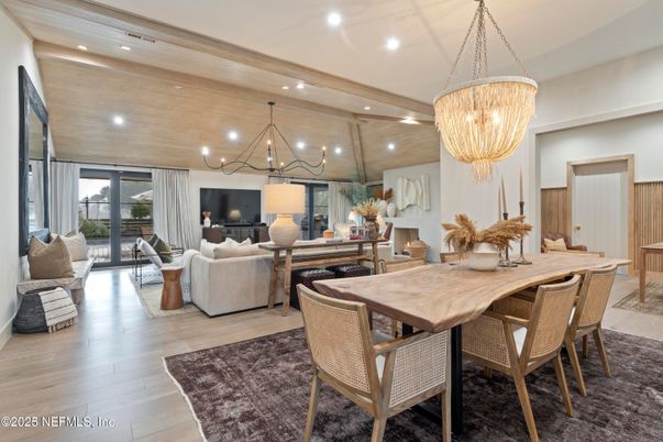 Chandelier, Dining room, Interior, Living room, Recessed Lighting, Wood Texture Flooring