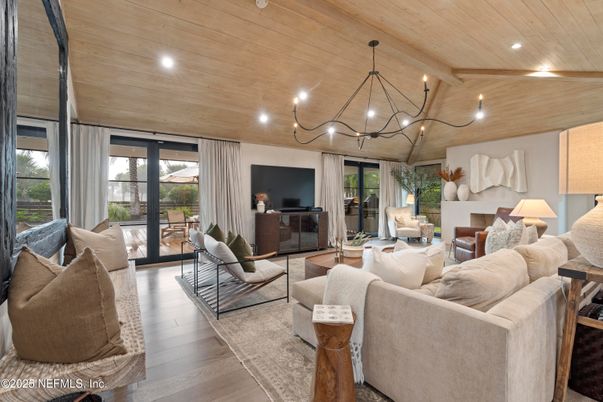 Chandelier, Interior, Living room, Recessed Lighting, Wooden Ceilings, Wood Texture Flooring
