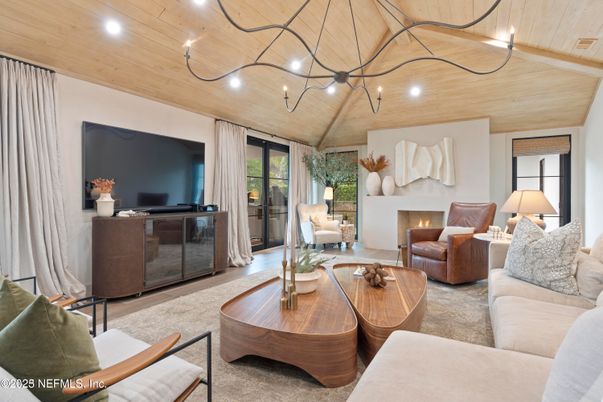 Fireplace, Interior, Living room, Recessed Lighting, Wooden Ceilings