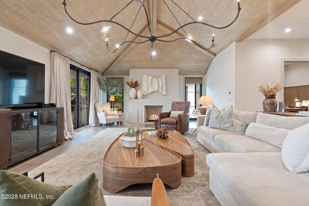 Fireplace, Interior, Living room, Pendant Lights, Recessed Lighting, Wooden Ceilings, Wood Texture Flooring