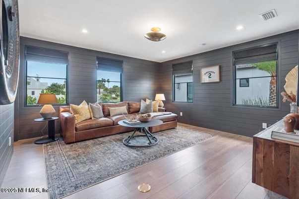 Interior, Living room, Recessed Lighting, Wood Texture Flooring, Wooden Walls