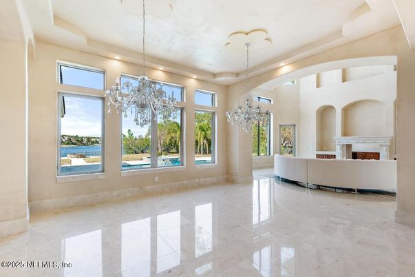 Chandelier, Fireplace, Interior, Living room, Recessed Lighting