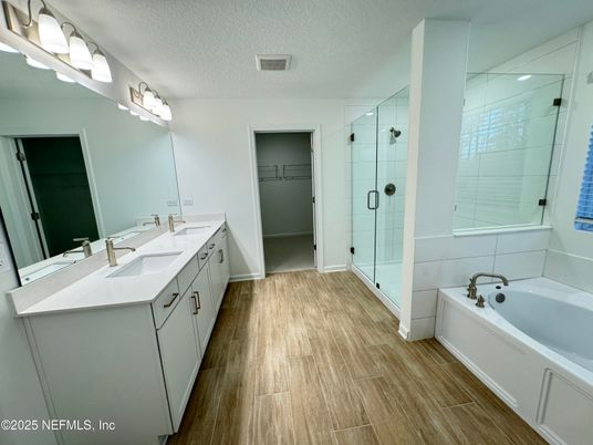 Bathroom, Dual Sink Vanities, Glass Shower, Interior, Wood Texture Flooring
