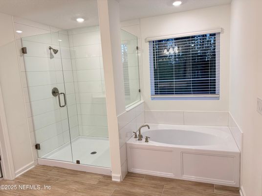 Bathroom, Glass Shower, Interior, Recessed Lighting, Wood Texture Flooring