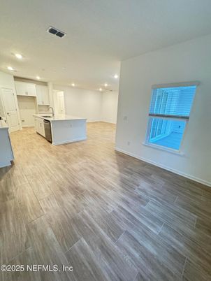 Empty room, Interior, Kitchen, Recessed Lighting, Wood Texture Flooring