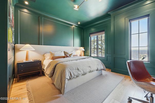 Bedroom, Interior, Recessed Lighting, Water, Wood Texture Flooring