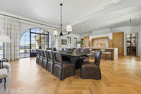 Dining room, Interior, Pendant Lights, Recessed Lighting, Wood Texture Flooring