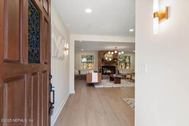 Fireplace, Interior, Living room, Recessed Lighting, Wood Texture Flooring
