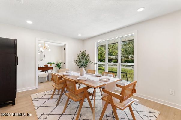 Dining room, Interior, Recessed Lighting, Wood Texture Flooring