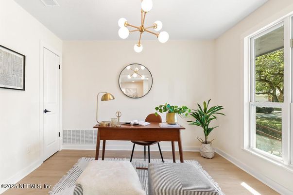 Home Office, Interior, Pendant Lights, Wood Texture Flooring