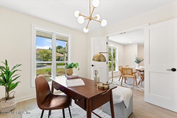 Dining room, Fireplace, Interior, Pendant Lights, Recessed Lighting, Wood Texture Flooring