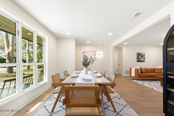 Dining room, Interior, Recessed Lighting, Wood Texture Flooring