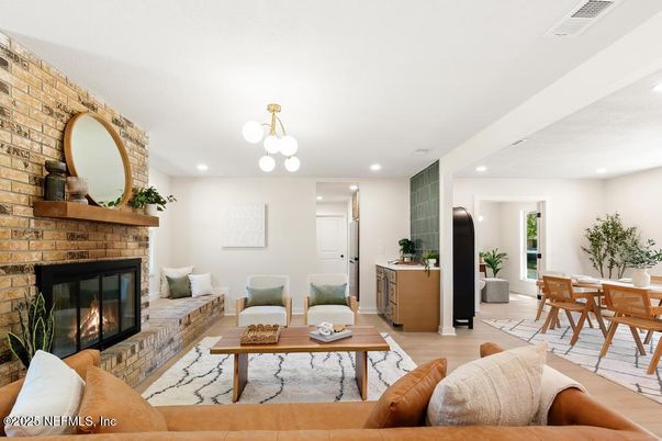 Dining room, Fireplace, Interior, Living room, Pendant Lights, Recessed Lighting, Stone Walls