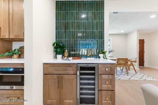 Dining room, Interior, Kitchen, Recessed Lighting, Stainless Steel Appliances, Wood Texture Flooring
