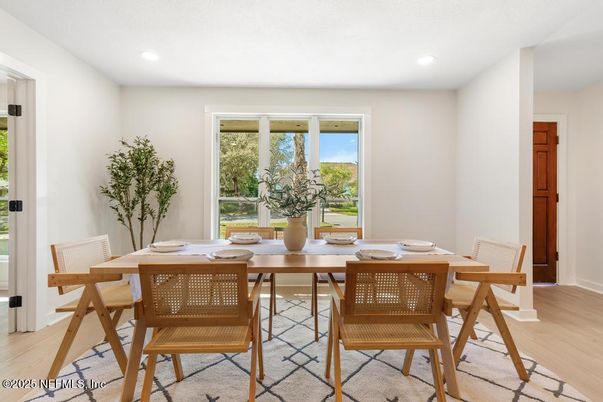 Dining room, Interior, Recessed Lighting, Wood Texture Flooring