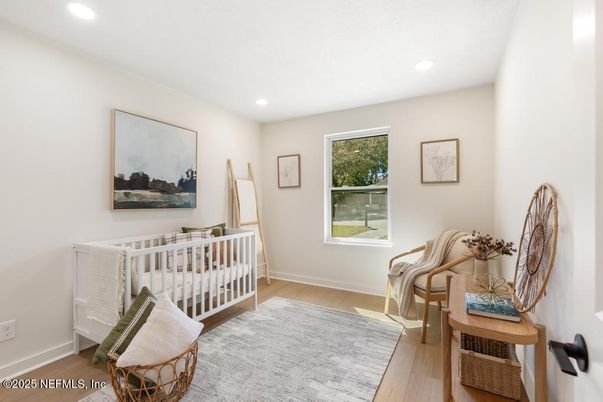Bedroom, Interior, Recessed Lighting, Wood Texture Flooring