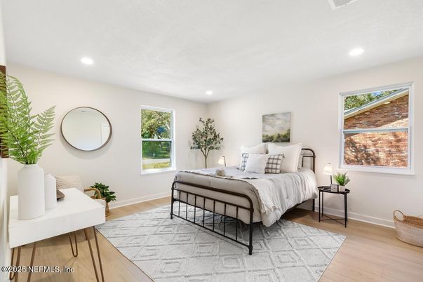 Bedroom, Interior, Recessed Lighting, Wood Texture Flooring