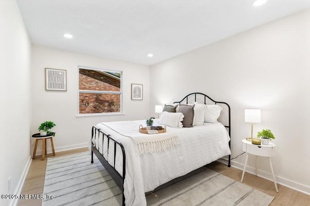Bedroom, Interior, Recessed Lighting, Wood Texture Flooring