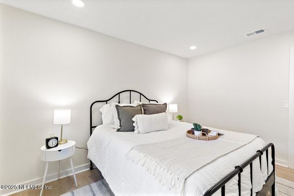 Bedroom, Interior, Recessed Lighting, Wood Texture Flooring
