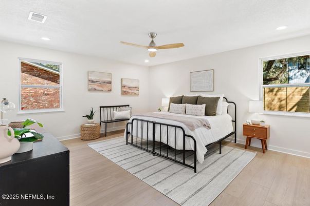 Bedroom, Interior, Recessed Lighting, Wood Texture Flooring