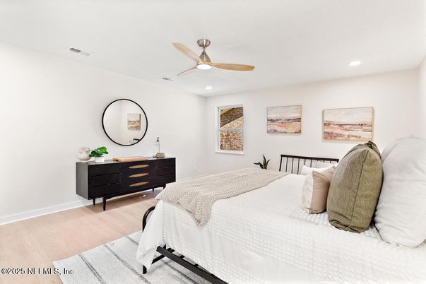 Bedroom, Interior, Recessed Lighting, Wood Texture Flooring