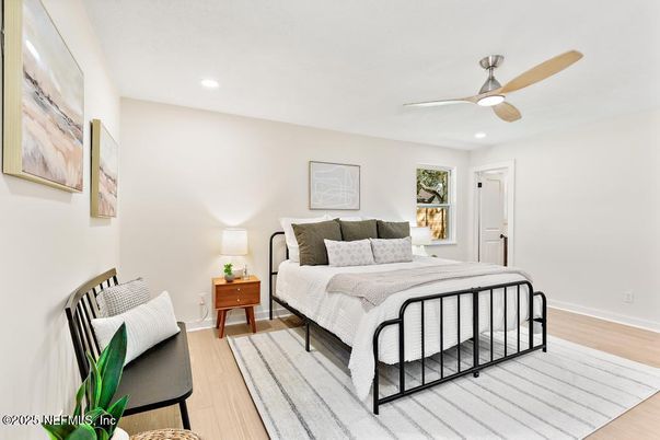 Bedroom, Interior, Recessed Lighting, Wood Texture Flooring