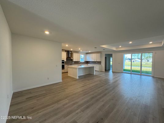 Empty room, Interior, Kitchen, Recessed Lighting, Wood Texture Flooring