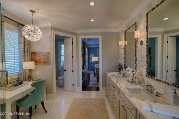 Bathroom, Chandelier, Dual Sink Vanities, Interior, Pendant Lights, Recessed Lighting
