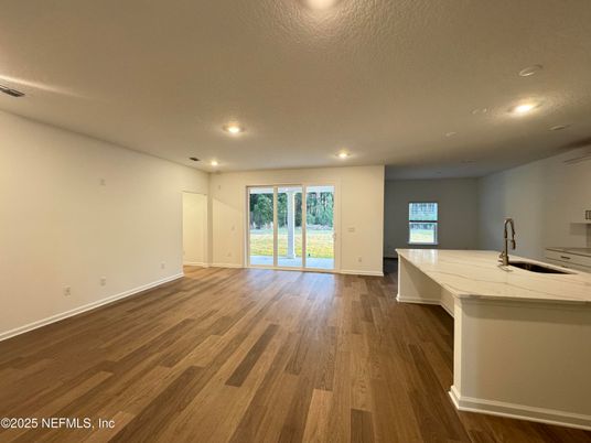 Empty room, Interior, Kitchen, Recessed Lighting, Wood Texture Flooring