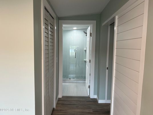 Bathroom, Glass Shower, Interior, Recessed Lighting, Wood Texture Flooring
