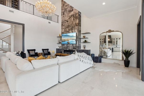 Chandelier, Fireplace, Interior, Living room, Recessed Lighting