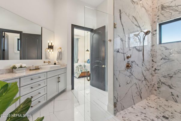 Bathroom, Dual Sink Vanities, Glass Shower, Interior, Marble, Marble Walls