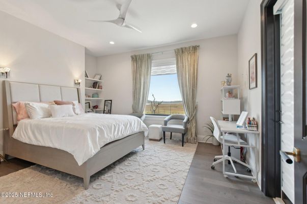 Bedroom, Interior, Recessed Lighting, Wood Texture Flooring