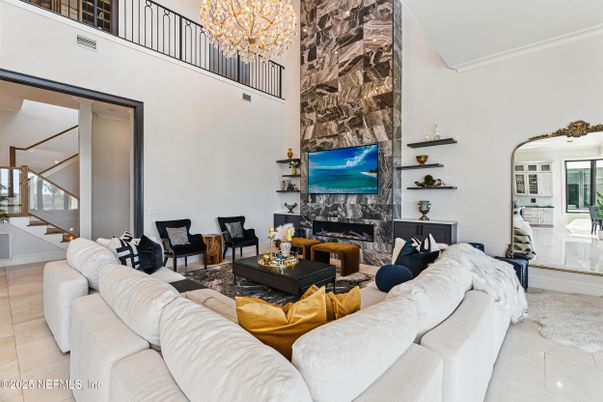 Chandelier, Fireplace, Interior, Living room