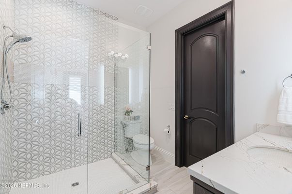 Bathroom, Glass Shower, Interior, Wood Texture Flooring