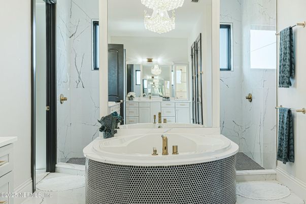Bathroom, Chandelier, Glass Shower, Interior, Marble, Marble Walls